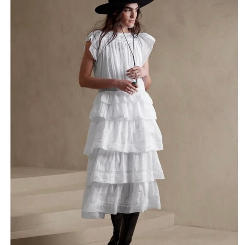 Banana Republic Selene Embroidered Midi White Romantic Peasants Dress XL